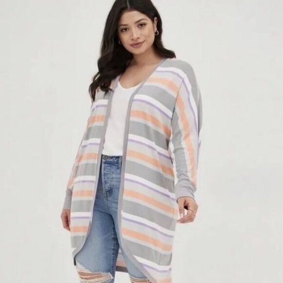 Torrid Super Soft Cocoon Cardigan, Striped, Open Front, Curved Hem SZ 0 (XL) - Picture 2 of 9
